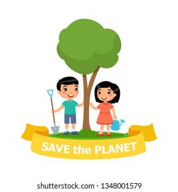 Boy and girl planted a tree. Save the planet - vector concept illustration on white background