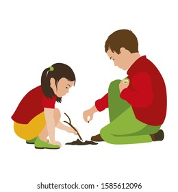 Boy and girl planting an apple seed in the ground. Friends. Isolated Vector Illustration on a white background