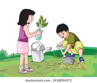 Boy and girl planting trees