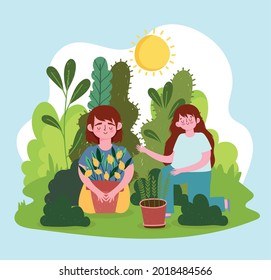 Junge und Mädchen mit Pflanzen und Obstgärten
