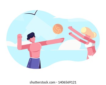 boy and girl play beach volleyball, friends have fun on the beach in summer, outdoor sports, vector illustration with flat characters