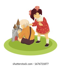 Boy and girl play in castle. boy turns away from girl. Blond and brunette. Different children united by one game. Colorful kids. friends concept. Isolated vector illustration. Activity nature leisure.