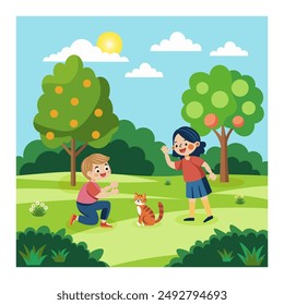 A boy and a girl play with a cat on a lawn on a white background. A vector image.