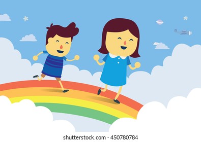 Boy and girl play chasing on rainbow bridge in the sky. This is fantasy concept about kid