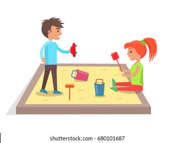 Boy and girl play with red car, colorful buckets, artificial rake and spade in sandbox isolated vector illustration on white background.