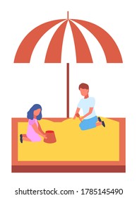 A boy and a girl play in sandbox with colored canopy. Happy kids. Having fun. Outdoor games. Kindergarten or playground. Group of kids playing at the playground. Various children on pleasure ground
