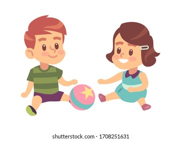 Boy and girl play together. Cute little children with ball sitting on the floor isolated vector cartoon game characters svg