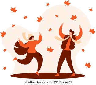 Boy And Girl Playing With Autumn Leaf - Flat Vector Illustration