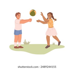 Boy and girl playing with ball, free time in park. Vector kids playing in park outdoors, flat cartoon characters vector illustration. Happy childhood, sport activity with a ball