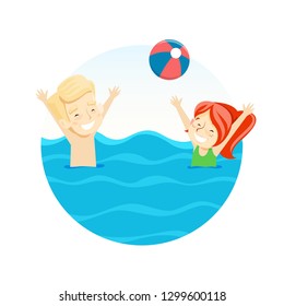 Boy and girl playing ball in the water. Vector illustration.