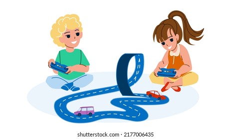 Boy And Girl Playing Car Tracks Together Vector. Preschooler Children Play Electronic Car Tracks Toy. Characters Kids Enjoying Automobile Race With Remote Control Flat Cartoon Illustration