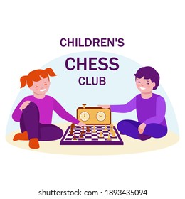 A boy and a girl are playing chess. Children's chess club concept. Vector illustration in flat cartoon style.