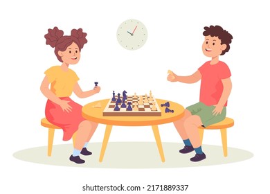 Boy and girl playing chess together. Cartoon characters holding chess figures, board games for children flat vector illustration. Leisure, board games, sports concept for banner or landing web page