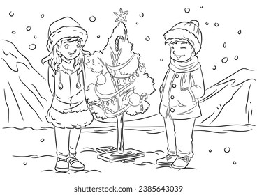 Un chico y una chica jugando con un árbol de navidad. Ilustración de dibujos animados de vector blanco y negro para una página de libros de color