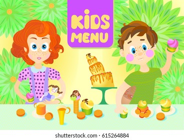 Boy and girl playing at dessert table
