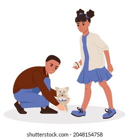 A boy and a girl are playing with a dog. Flat vector isolated illustration of kids with pet