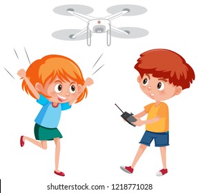 Boy and girl playing drone illustration