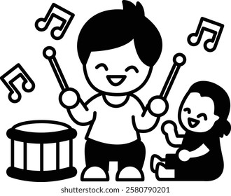 A boy and a girl are playing drums and the boy is smiling. The image is of a child playing drums and the girl is sitting nearby