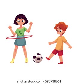 Boy and girl playing football and spinning hula hoop at playground, cartoon vector illustration isolated on white background. Two friends playing at playground, summer outdoor activity concept