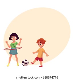 Boy and girl playing football and spinning hula hoop at playground, cartoon vector illustrationwith space for text. Two friends playing at playground, summer outdoor activity concept