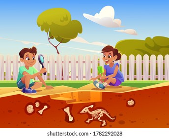 Boy and girl playing in game about excavation fossil dinosaurs in sandbox. Vector cartoon illustration with kids discover buried skeletons and shells in sand on backyard