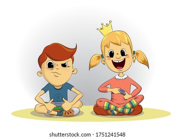 Boy and girl are playing game console with joysticks. Vector colorful illustration.