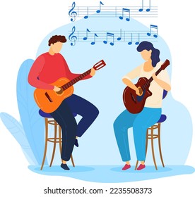 Boy girl playing guitar, musical blowing, instrument in hands, musician art talent, design, flat style vector illustration.