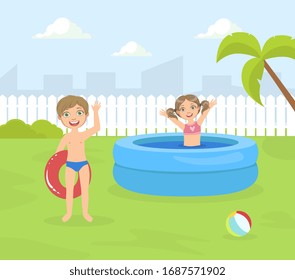 Boy and Girl Playing in Inflatable Pool in the Backyard Vector illustration