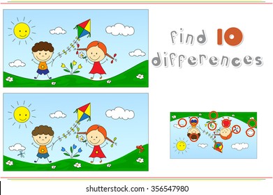 A Boy With A Girl Playing With A Kite On A Meadow. Educational Game For Kids: Find Ten Differences. Vector Illustration