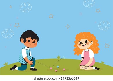 niño y niña jugando canicas