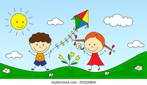 A boy and a girl playing in the meadow and launching a kite. Vector illustration