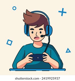 boy or girl is playing mobile game and wearing headset flat design vector illustration