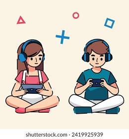 boy or girl is playing mobile game and wearing headset flat design vector illustration