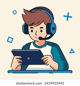 niño o niña jugando al juego móvil y usando auriculares de diseño plano ilustración vectorial