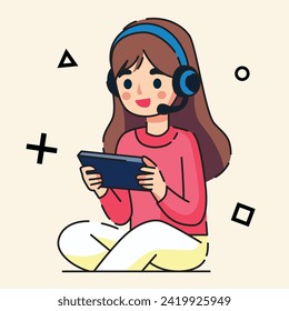 boy or girl is playing mobile game and wearing headset flat design vector illustration