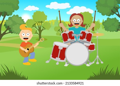 Boy girl playing music group band guitar drum vector flat cartoon design park background