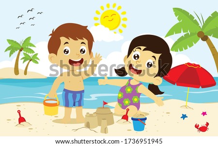 boy and girl playing on the beach, summer vacation activity