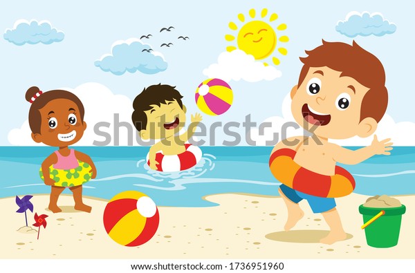 Boy Girl Playing On Beach Summer Stock Vector (Royalty Free) 1736951960 ...