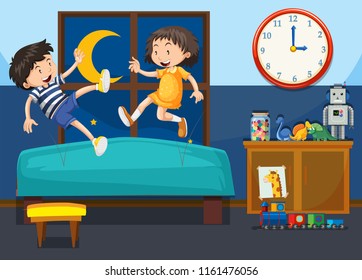 Boy and girl playing on the bed illustration