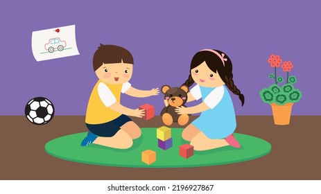A boy and a girl are playing on the floor with a teddy bear and cubes