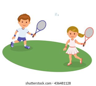 Boy and girl playing on the lawn badminton. Isolated vector illustration happy kids playing badminton. Sports lifestyle.