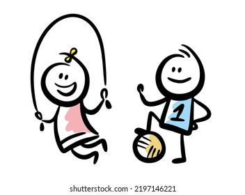 Boy and girl playing on playground. Vector set of doodle people.