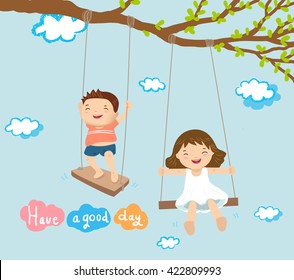 boy and girl playing on swing concept and character vector illustration