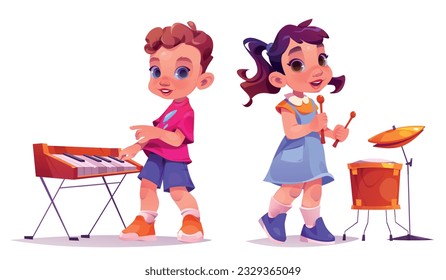 Boy and girl playing piano and drums isolated on white background. Vector cartoon illustration of happy children with music instruments performing at school concert, rehearsal before talent show