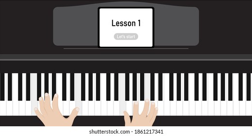 Boy or girl playing the piano. Hands playing electric piano at home during online lesson, social distance during quarantine, self-isolation, online education concept.