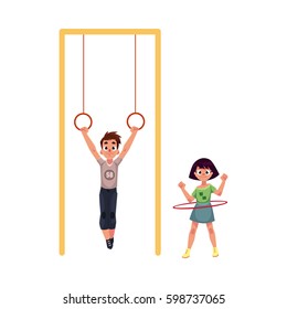 Boy and girl playing at playground, hanging on gymnastic rings. spinning hula hoop, cartoon vector illustration isolated on white background. Friends having fun at playground, summer activity concept