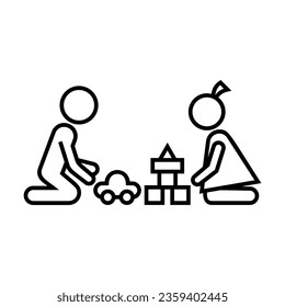 Boy and girl playing in playroom isolated on white. Brother and sister at home. Toys and childcare pictogram symbol. Simple thin line black and white vector icon