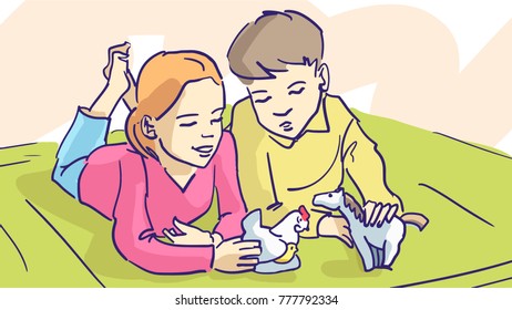 A boy and a girl are playing porcelain animals lying on the floor. Color vector sketch made in pastel colors.