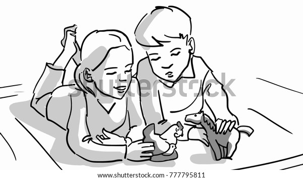 Boy Girl Playing Porcelain Animals Lying Stock Vector Royalty