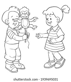 Niño y niña jugando al mono de marionetas